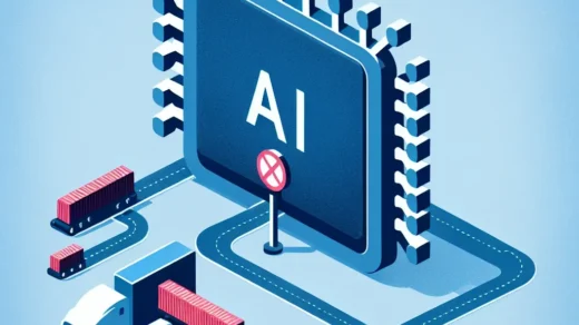 "Logo Nvidia di depan ilustrasi chip AI, menggambarkan tanggapan perusahaan terhadap pembatasan ekspor AS pada teknologi chip ke Tiongkok dalam konteks industri teknologi global."