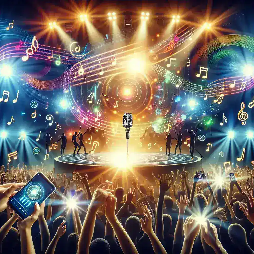 "Spotify's special event playlist featuring live concert performances, showcasing artists and performances in a vibrant setting"