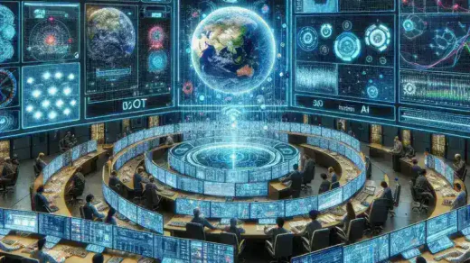 "Ilustrasi sistem peringatan dini bencana berbasis IoT dan AI, menampilkan perangkat cerdas yang memantau lingkungan dan data cuaca untuk meningkatkan respons bencana secara efektif."