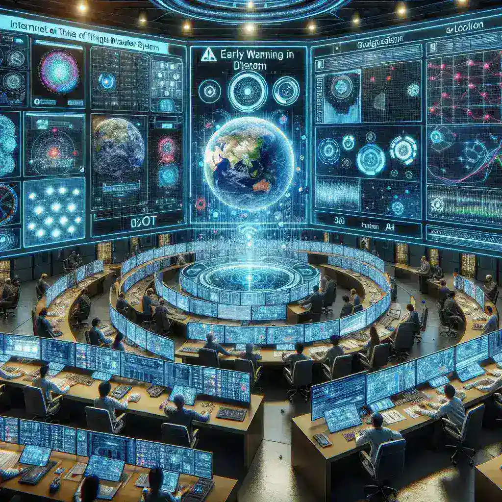 "Ilustrasi sistem peringatan dini bencana berbasis IoT dan AI, menampilkan perangkat cerdas yang memantau lingkungan dan data cuaca untuk meningkatkan respons bencana secara efektif."